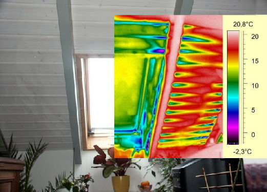undichtes Dachfenster mit überlagertem Wärmebild